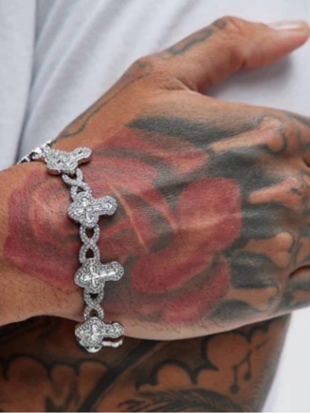 Men's Silver Crystal Cross Link Bracelet - Elegant Pavé Design